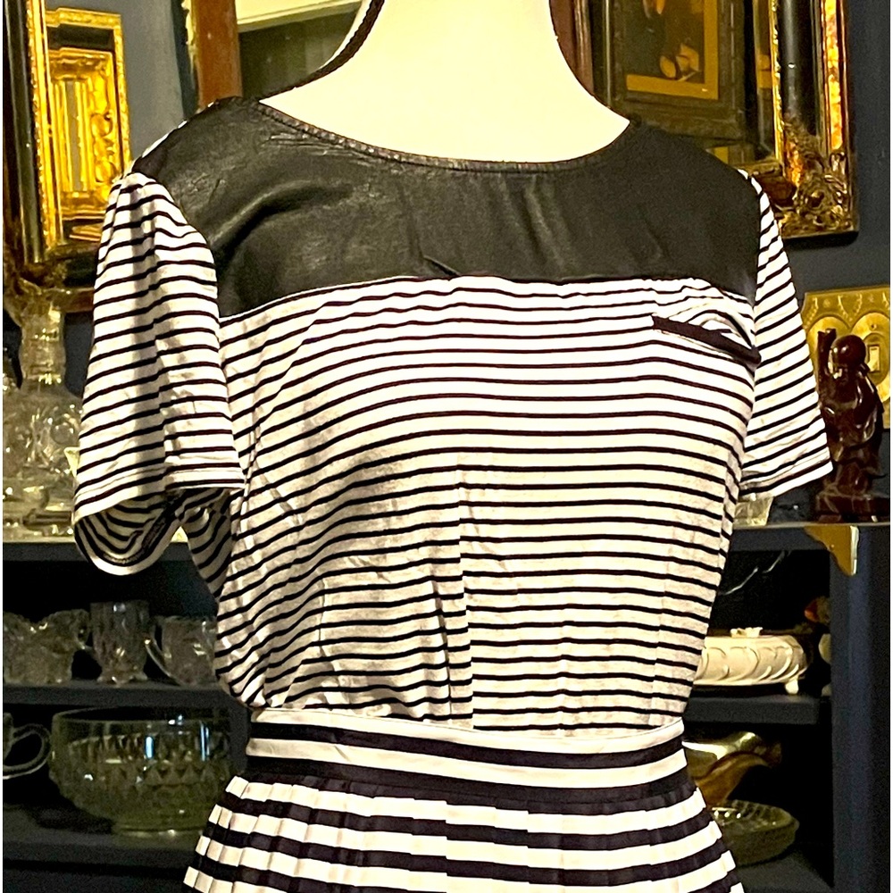 Reiley Jade Short Sleeved Black & White Striped Top with Faux Leather